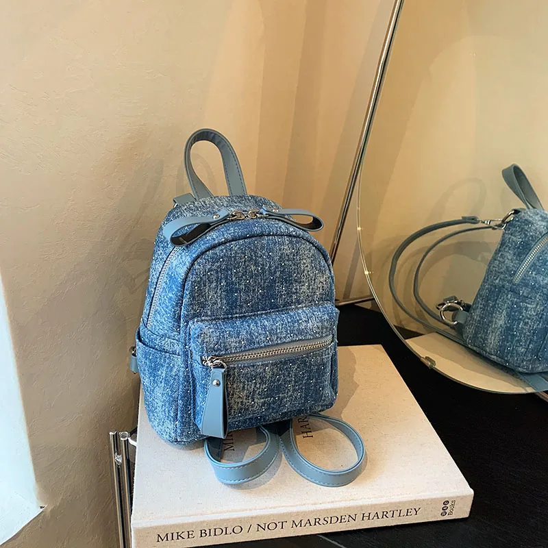 New Women Preppy Style Mini Backpacks Y2K Shiny Rivet Student Denim Backpack Girls Fashion Travel Canvas Shopping Shoulder Bag