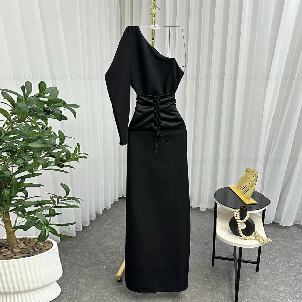 MOLISA Schwarzes modernes Party-Abendkleid 2025, neues maßgeschneidertes Etuikleid mit einer Schulter, langes formelles Anlasskleid mit Perlenstickerei