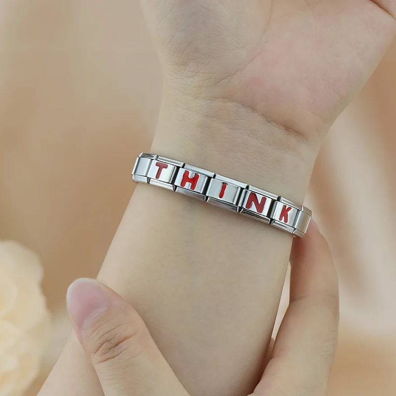 Hapiship 2024 New Fashion 26 English Red Letters Italian Charm Links Beads Fit 9mm Stainless Steel Bracelet Women Jewelry DJ006R