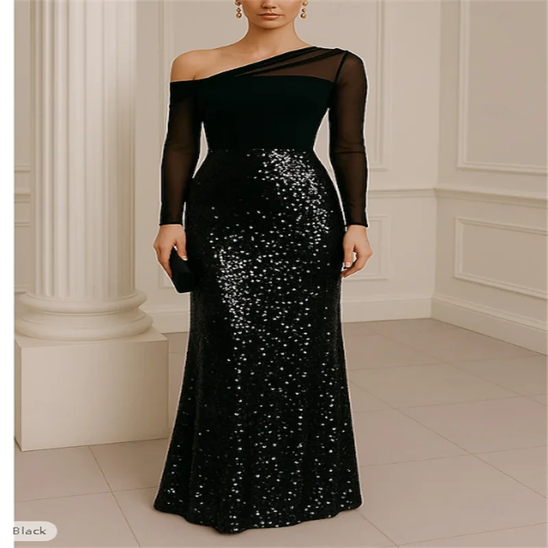 

Black Gown A-Line Evening Gown Elegant Formal Dress Formal Wedding Floor Length Long Sleeve Off Shoulder Pocket Sequined