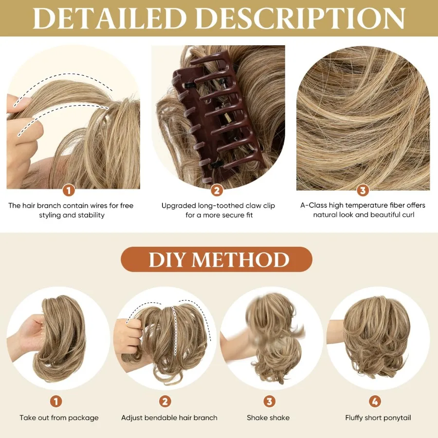 وصلات شعر صناعية بيضاء متعددة الاستخدامات لذيل حصان قصير وأنماط كعكة فوضوية قابلة للانحناء فكرة فروع الشعر المجعد المنفوش والمموج