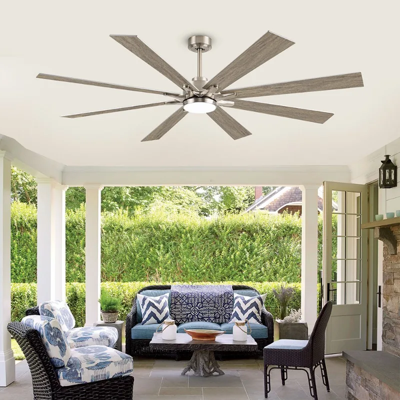 Modern LED Industrial Ceiling Fan 8 Pieces Wood Board Blade Design of DC Motor for Outdoor Hotel