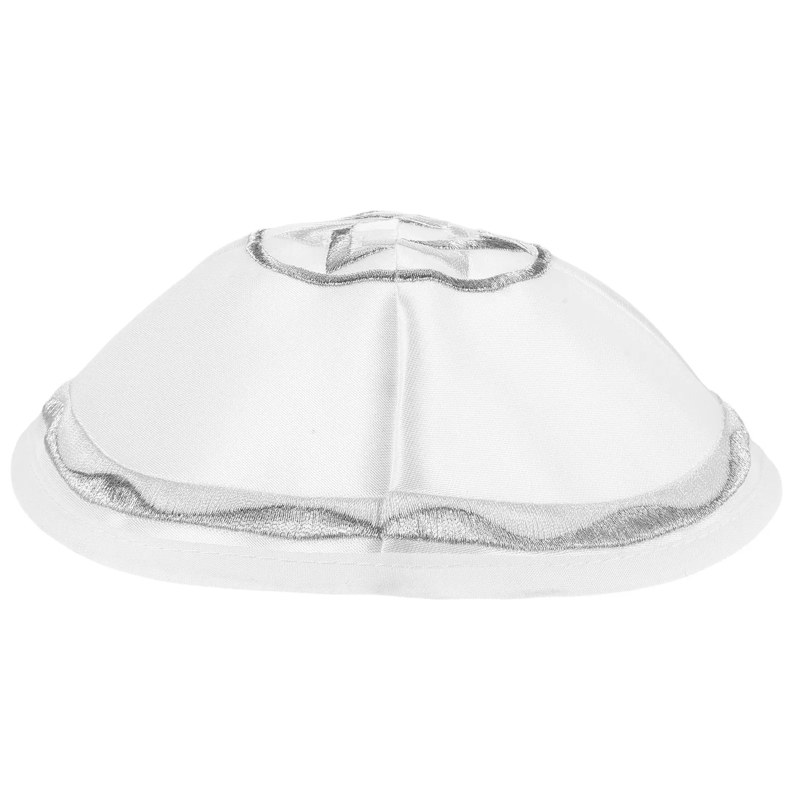 

White Satin Kippah Embroidered Star of Round Silk Prayer Cap for Men Religious Ceremonies Bar Mitzvah