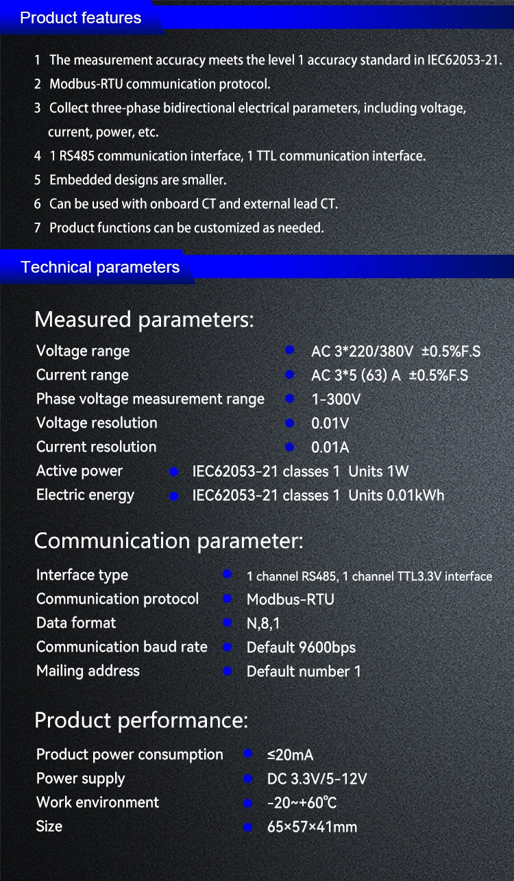 JSY-MK-333 50 mA-63 A 50 Hz 380 V AC Leistungsmesser 3 Phasen 4-Draht-Modul für elektrische Energie – Detail 3