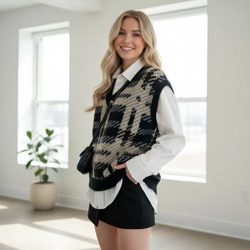 

Autumn and Winter Fashion Casual V-Neck Women's Sweater Vest Vintage Plaid Loose Office Sleeveless Knitwear Cam Shoulder Vest