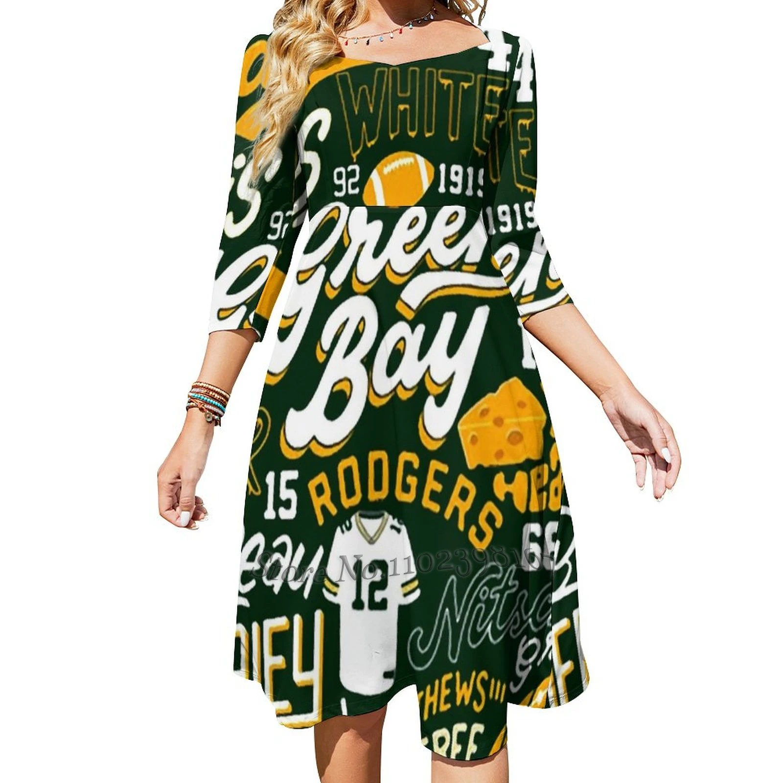 Green Bay Football Team Legend Typography Square Neck Dress Cute Loose Print Dresses Elegant Beach Party Dress Go Packers