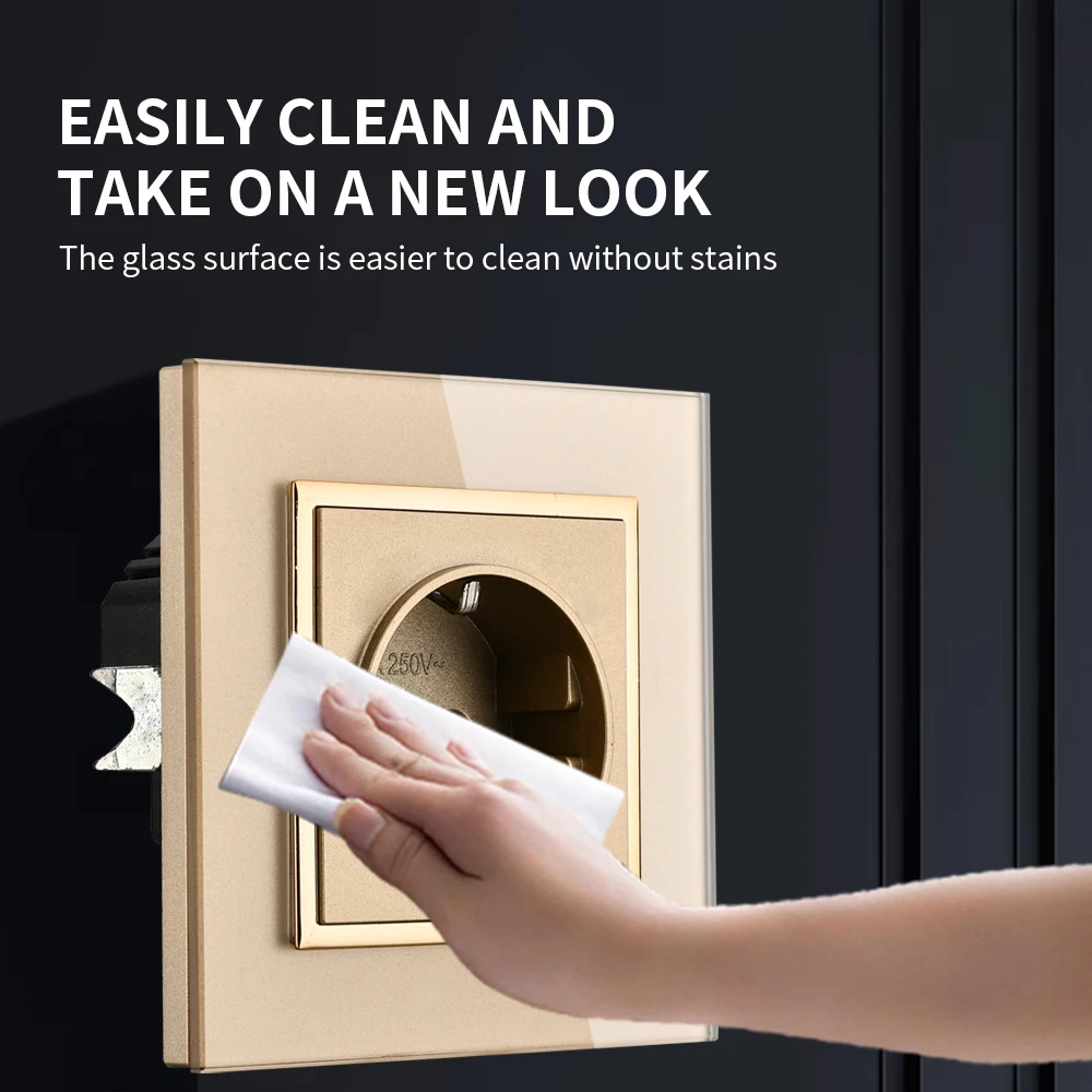 WESA Crystal Tempered Glass Panel Golden Socket Wall Embed Plug Power Socket EU Electrical Outlett With Ground Flame Retardant