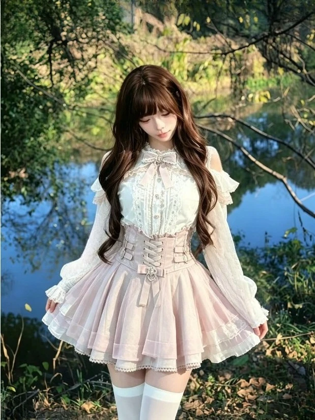 

Women New Sweet Lolita Japanese 2 piece Cardigan Lace Floral Dress Set Bowknot Ruffle Mini Dress Long Sleeve Elegant Knit Cover