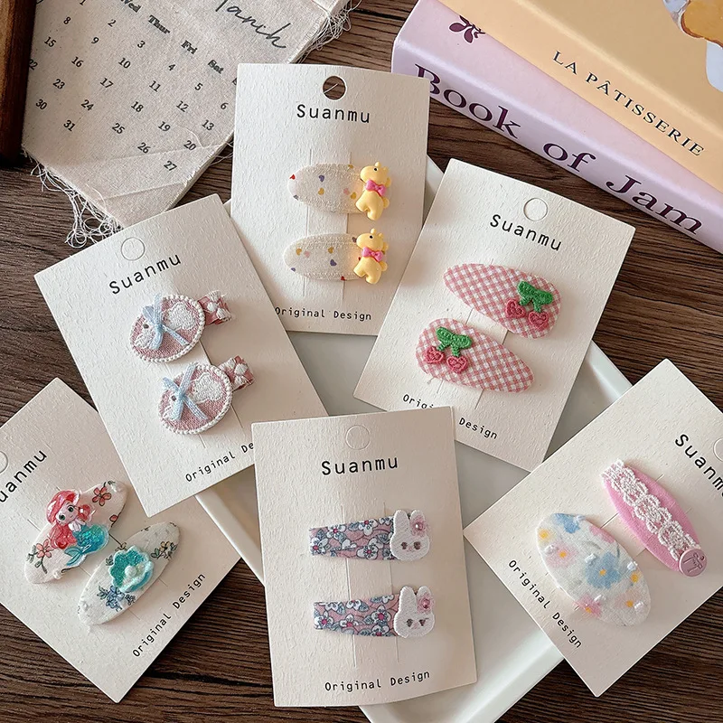 

Корейская милая универсальная тканевая клетчатая детская челка Bb, зажим для девочек, милый головной убор с вышивкой вишни, детские аксессуары для волос для девочек