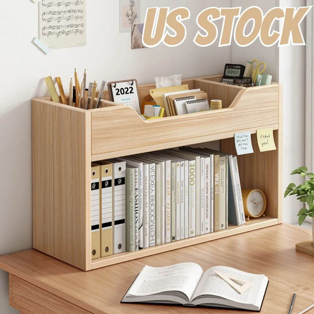 

Desktop Wooden Bookshelf Double Layer Files Books Storage Rack Student Bookcases