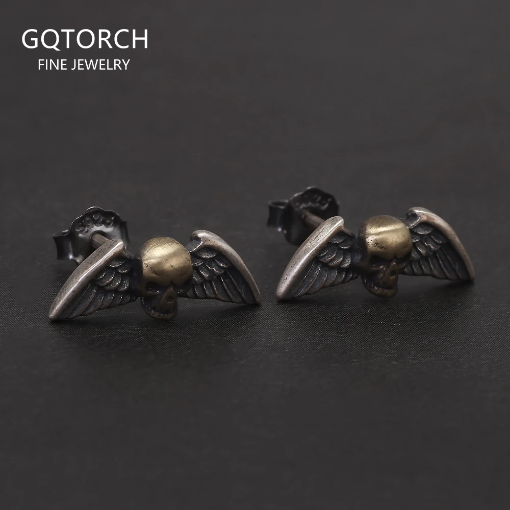 

Solid 925 Sterling Silver Skull Angel Wing Stud Earrings for Men Women Punk Retro Street Gothic Ear Studs Creative Jewelry