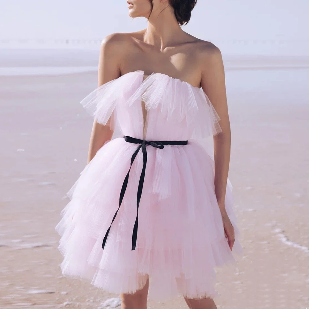 

Customized Sweet Pink Evening Dresses V-Neck Fluffy Cake A-Line Prom Dresses Knee Length Wedding Evening Party Ball Dresses