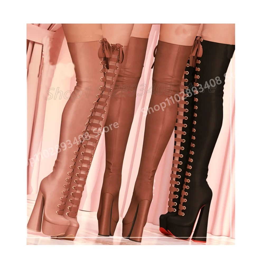 

Autumn New Solid Cross Tied Over the Knee Boots Lace-up Chunky High Heel Platform Fashion Sexy Women Shoes 2025 Para Mujere