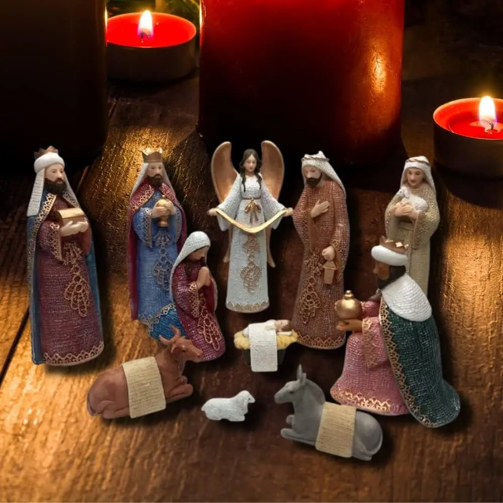مجموعة ميلاد عيد الميلاد للأطفال يسوع والعائلة المقدسة، تماثيل بوليريسين مكونة من 11 قطعة مع ملاك