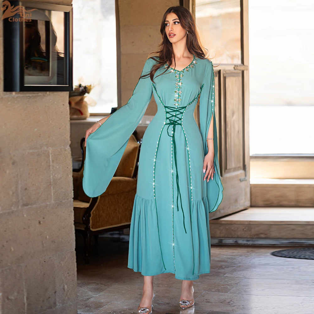 

Eid Mubarak Djellaba Diamonds Dubai Abaya Muslim Women Maxi Evening Party Dress Morocco Kaftan Turkey Robe Islam Clothing Gown