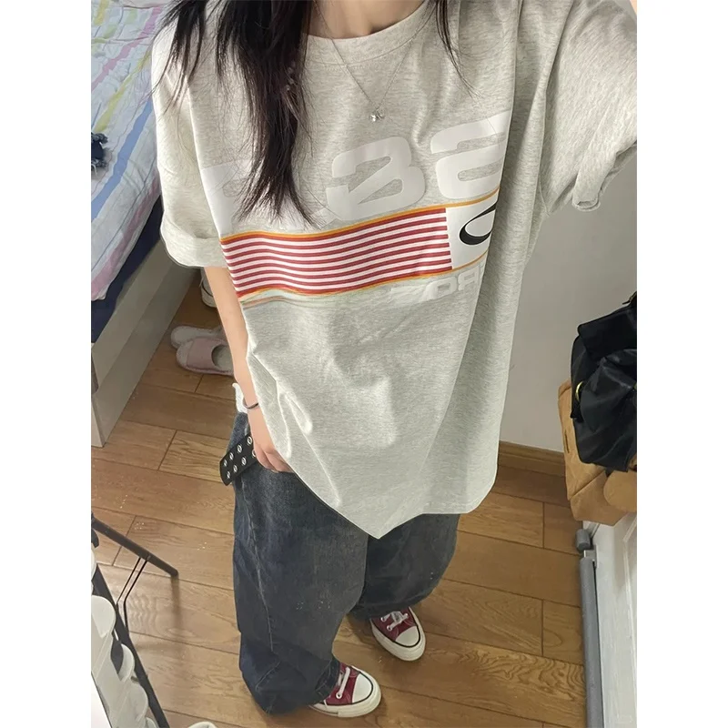 

Pure Cotton ort Sve T-irt Women's Summer Design Sensation oulder Length Top Trendy Print Casual Loose Fit round Ne