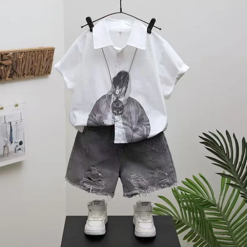 

Boys' Suit Summer New Fashion Korean Style Children's Baby Short-sleeved Shirt With Holes in The Jeans Shorts 2-piece Set 2-7Y