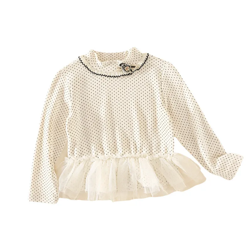 T-shirt Girl Velvet Base Shirt Autumn and Winter New Style Polka Dot Long Sleeved T-shirt Girls Wear A-class Children Clothing