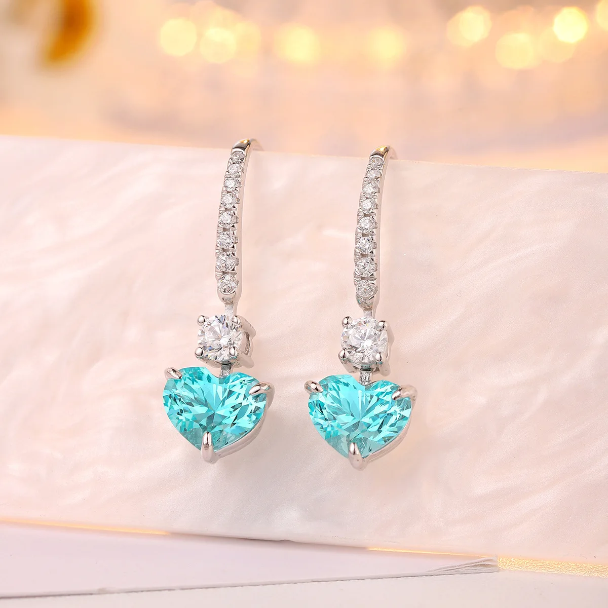 Sweet Heart Hook Dangle Earrings S925 Silver Paved Zircon Bar 7.6*6.4mm Lab Created Paraiba Color YAG Wedding Women Earring