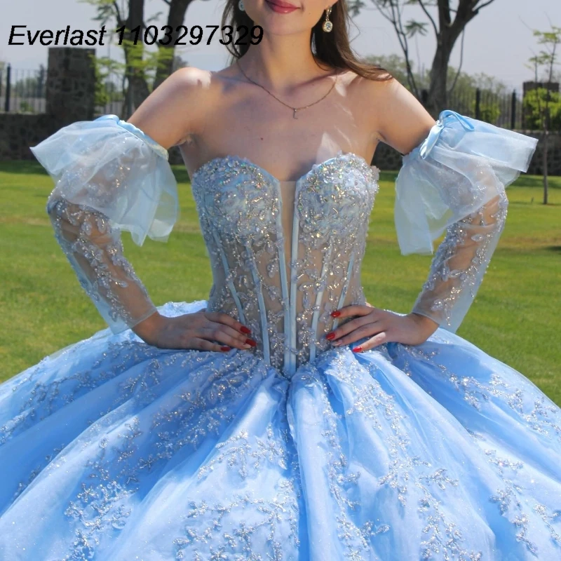 Evolt personalizado azul quinceanera vestido de baile brilhante renda applique frisado cristal méxico doce 16 vestidos de 15 anos tqd867