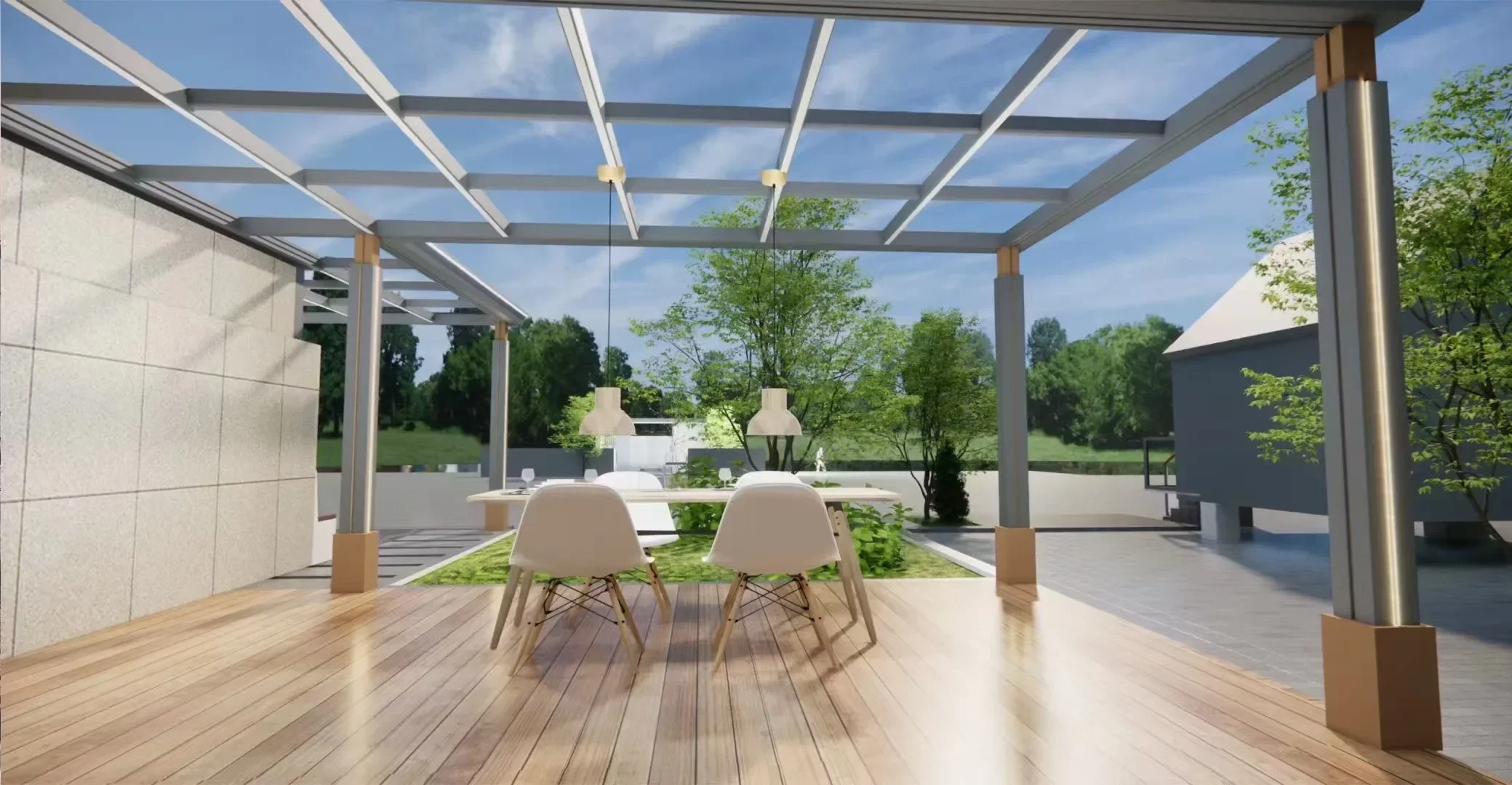 Solárium de Jardín de Diseño Moderno con Cristal Bajo de Acero 3D Gratuito, Características para las 4 Estaciones, Estructura de Madera y Aluminio para Villa