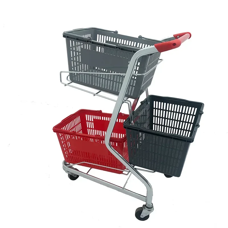 Portable Wire Mesh Folding Moving Tennis Ball Storage Cart With 4 Wheel Double Baskets For Store Shopping