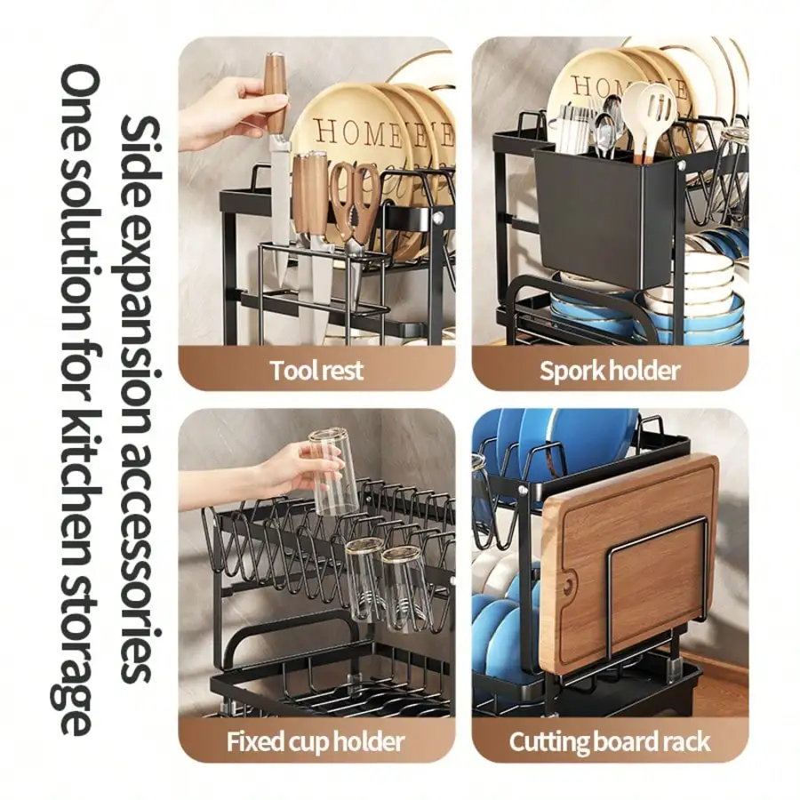 Kusuxva This Double-Layer Metal Kitchen Countertop Dish Rack Is Space-Saving And Durable. It Comes With A Knife And Fork Holder,