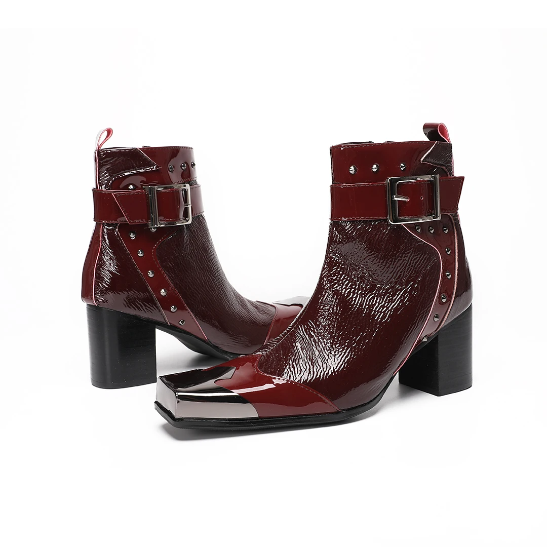 designer square toe genuine leather jazz dance high heel boots for men plus size buckles strap ankle boots nightclub party shoes
