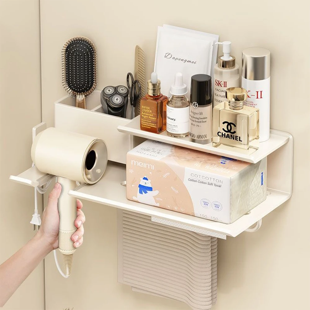 No Punching White Hair Dryer Holder Bathroom Dryer Cradle Home Bathroom Storage Stand Wall Mount Bathroom Organizer With Rod