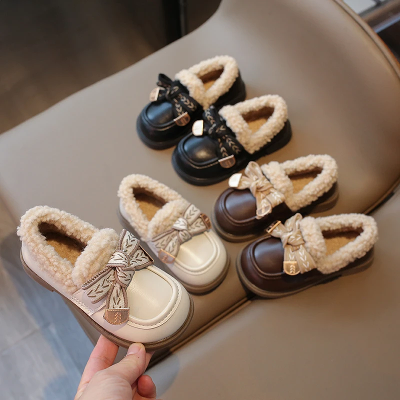 

Girls Cotton Shoes Multi-color with Flat Bottom Footrest Anti Slip Soft Sole Warm Bow Tie Winter Frosted Leather Flat Sole Shoes