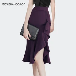 Women Summer Purple Ruffle Midi Skirt Fashion High Waist Asymmetrial Slit Design Sexy Skinny Laides One Step Pencil Skirts