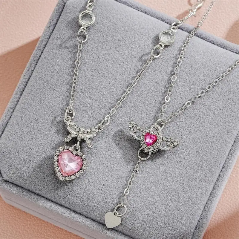  2pcs Crystal Angel Wing Heart Pendant Necklaces Set Wedding Valentines Day Gift