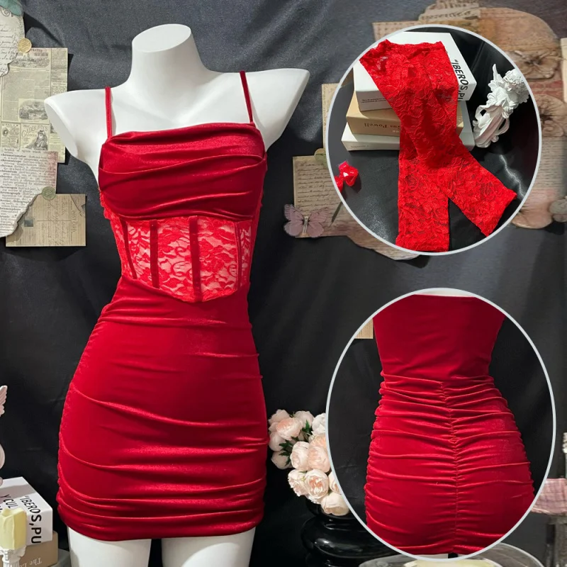 

Нижнее белье, красное рождественское сексуальное чистое бархатное сексуальное одежда, униформа, костюм, облегающий костюм с высокой талией, модные женские туфли