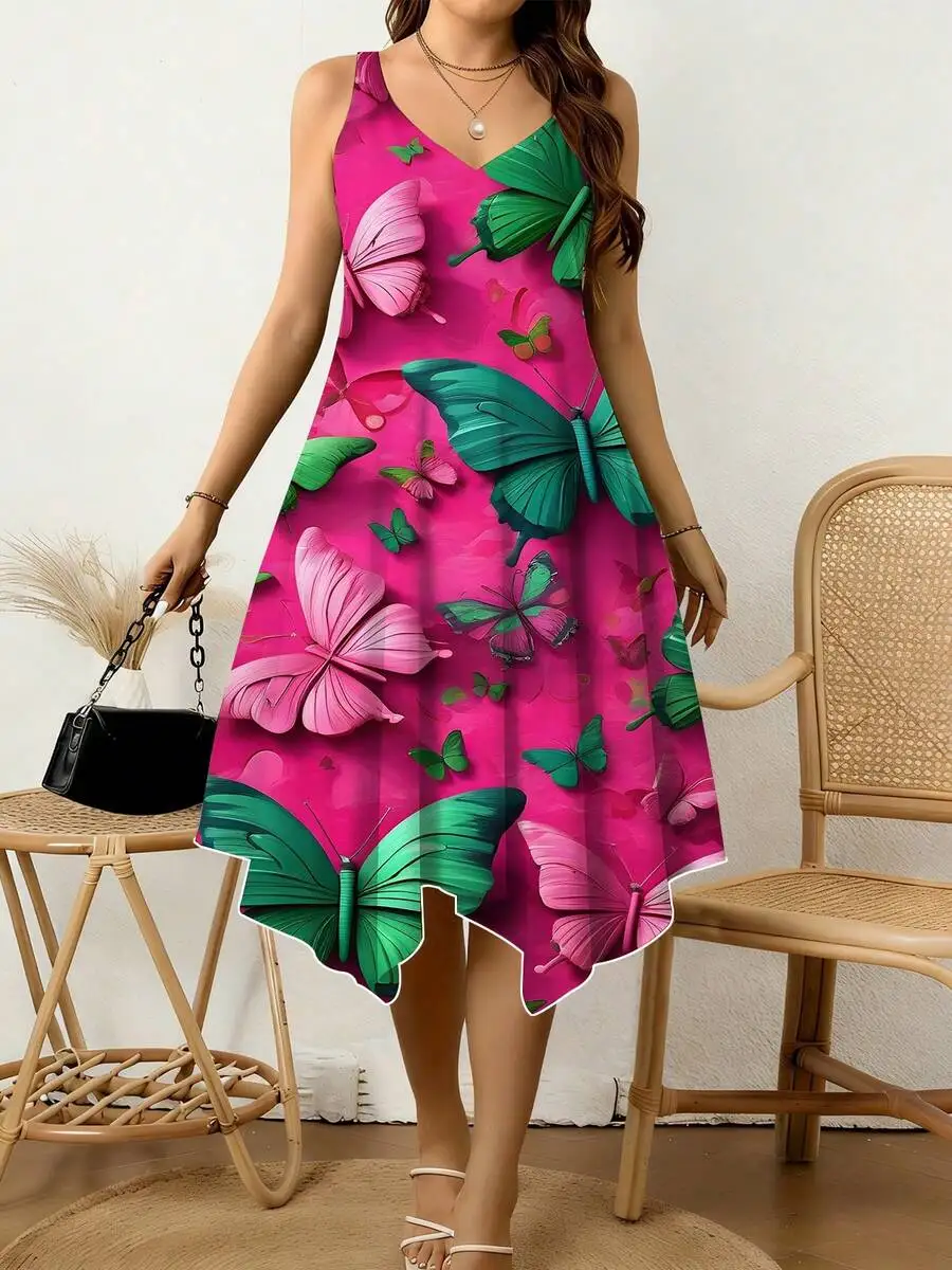 

Butterfly Print Women V Neck Sleeveless Dress Irregular Hem Breathable Summer Casual