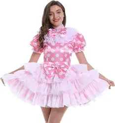 French Sexy Adult Custom Fetishist Cross Dressing Sissy Pink Smooth Cut White Polka Dot Sheer Patchwork Bubble Sleeve Dress