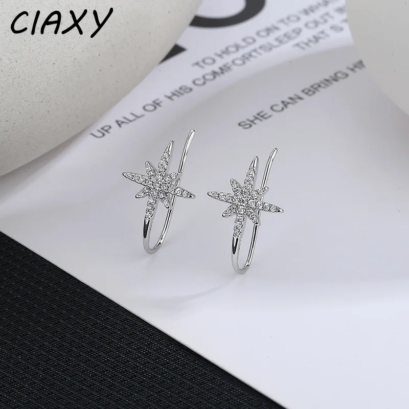 CIAXY Silver Color Eight Pointed Star Earrings for Women Girl Personality Inlaid Zircon Ear Hook Fashion  Jewelry