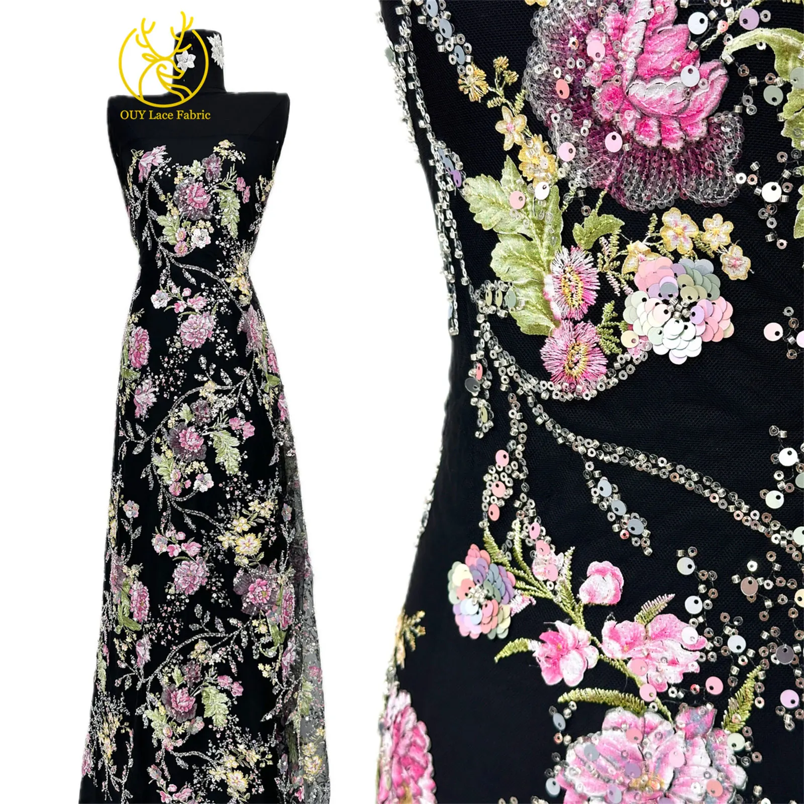 Elegante DIY handgemachte Stickerei-Blumenspitze, afrikanische Perlen-Spitze, französische Pailletten-Tüllspitze für Hochzeitskleid-Design – Detail 8