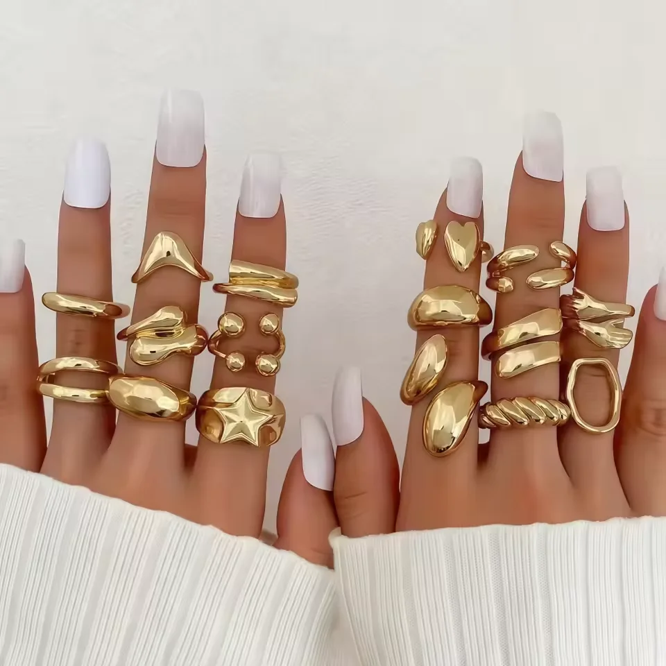8/16-teiliges Set mit zufällig ausgewählten, modischen, herzförmigen, geometrischen und unregelmäßig geformten offenen Ringen für Damen, verschiedene Stile, schlicht, trendig, für den täglichen Gebrauch, als Schmuck oder Geschenk für Partys. – Detail 4