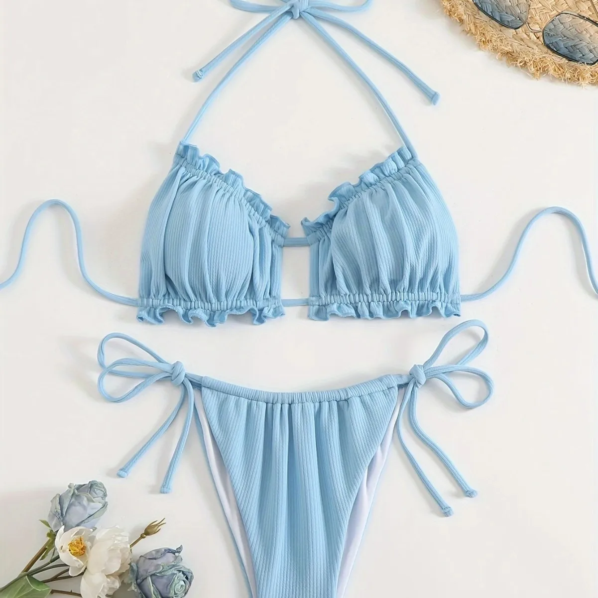 2025 New Drawstrings and Hollow Stripes Women's Split Swimsuit Bikini