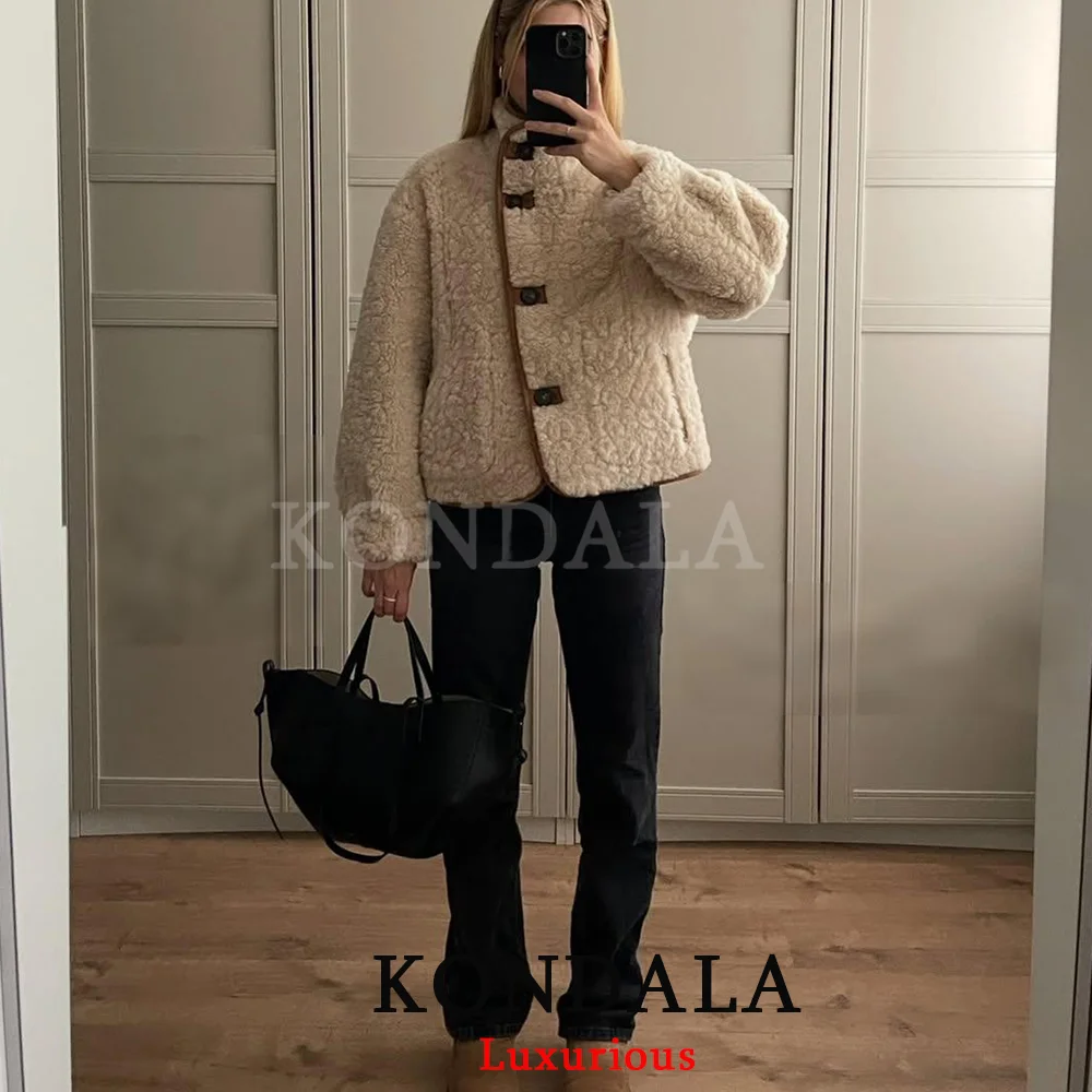 

KONDALA повседневные двойные замшевые куртки женские с длинными рукавами и карманами на пуговицах пальто большого размера мода 2025 осень-зима теплое пальто