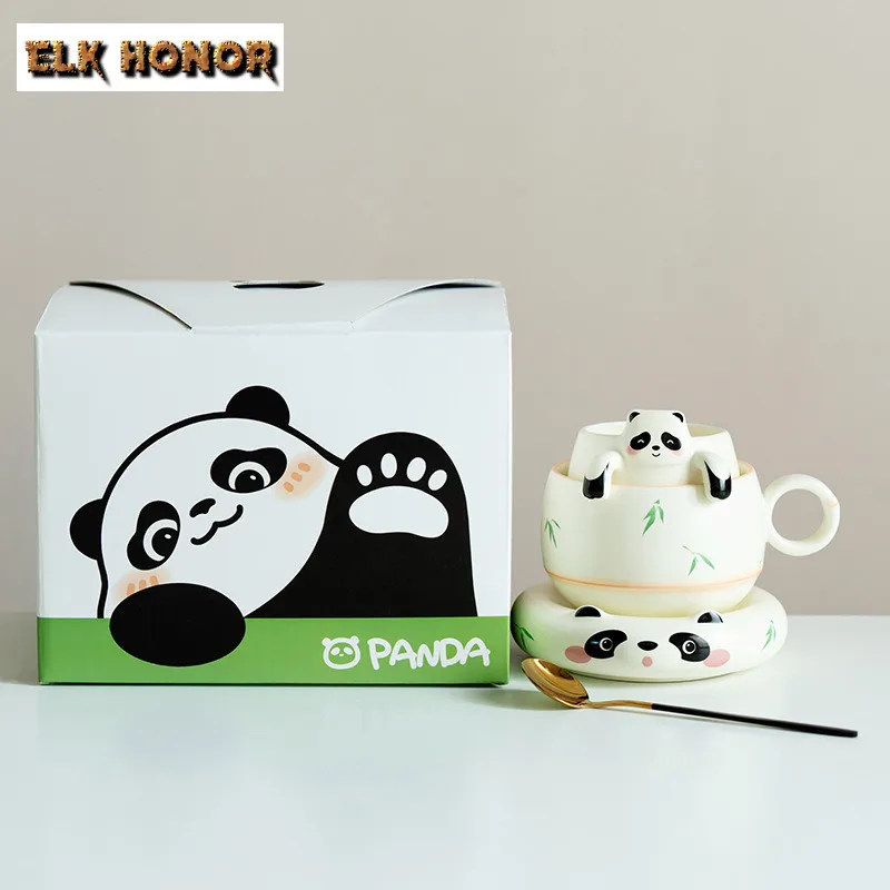 

240ml Creative Panda Coffee Mug with Plate Couple Handgrip Cups Afternoon Tea Mug Cup Saucer Kit Office Water Cup Teaware Craft
