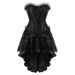 Gothic Vintage Satin Lace Overbust Corset Top Irregular Floral Skirt Burlesque Body Shaper Bustier Women Sexy Lingerie Plus Size