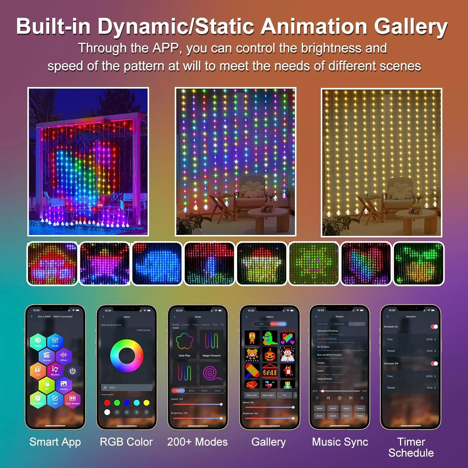 LED Curtain Lights App Control DIY Patterns Music Sync USB Powered Fairy Ambient Lights Indoor Outdoor Party Window Decoration