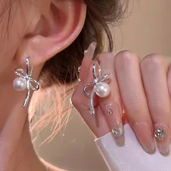2026 New Trendy Silver Color Pearl Bow Drop Earrings For Women Minimalist Metal Asymmetric Earrings Jewelry Valentine Gift