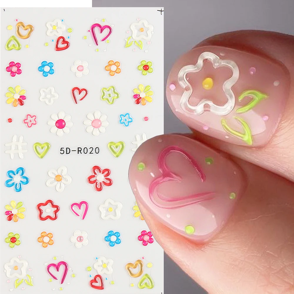 5D Embossed Colorful Flowers Nail Stickers Florals Petal Love Heart Nail Decals Sliders Dopamine Style Manicure Decors GL5D-R020