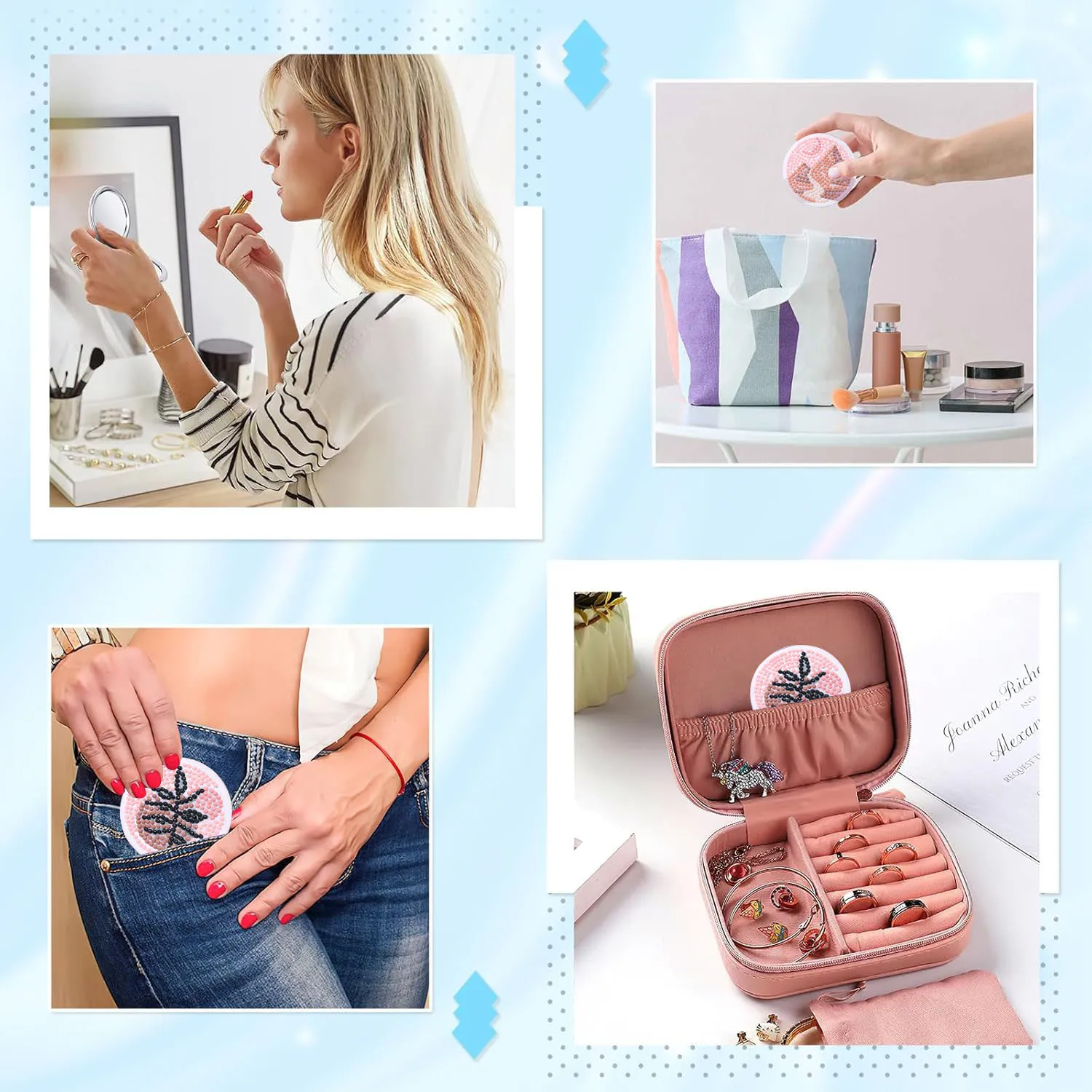 مجموعتان من مجموعات الطلاء الماسي DIY، مرآة بنمط المناظر الطبيعية الفنية من مادة جلد البولي يوريثان، مرآة مكياج محمولة للسفر