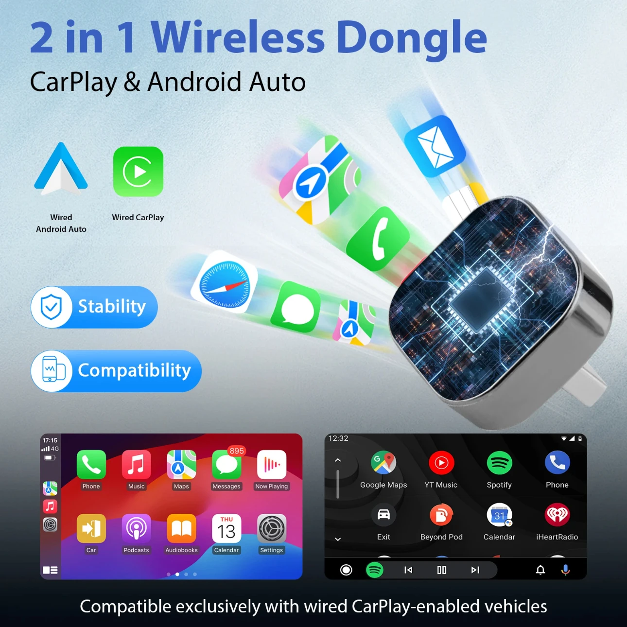محول CarPlay اللاسلكي الجديد Pionray 2 في 1 ومحول Android Auto اللاسلكي، 5Ghz WiFi Type-C/USB Plug Play CarPlay اللاسلكي