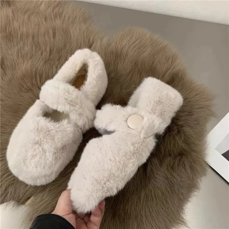 

New Fashion Women's Winter Fur Flat Shoes Women’s Warm Plush Mary Jane Casual Ballet Shoes Outdoor Round Toe Shallow Footwear