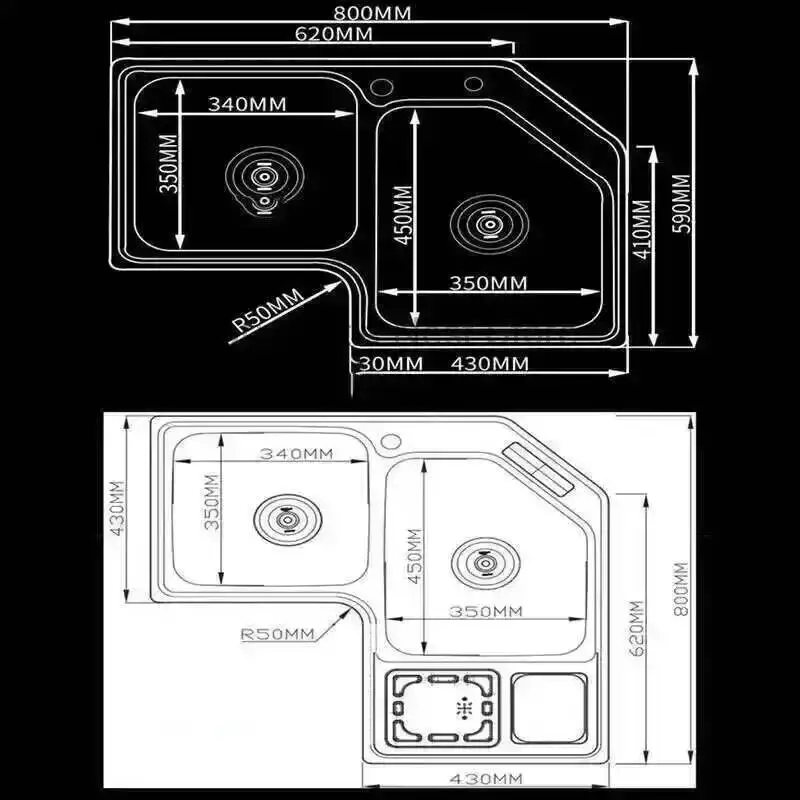 

Stainless Steel Corner Kitchen Sinks Double Slot Wash Basin Modern Balcony Shaped Brushed Home Creative Kitchen Accessories Sink