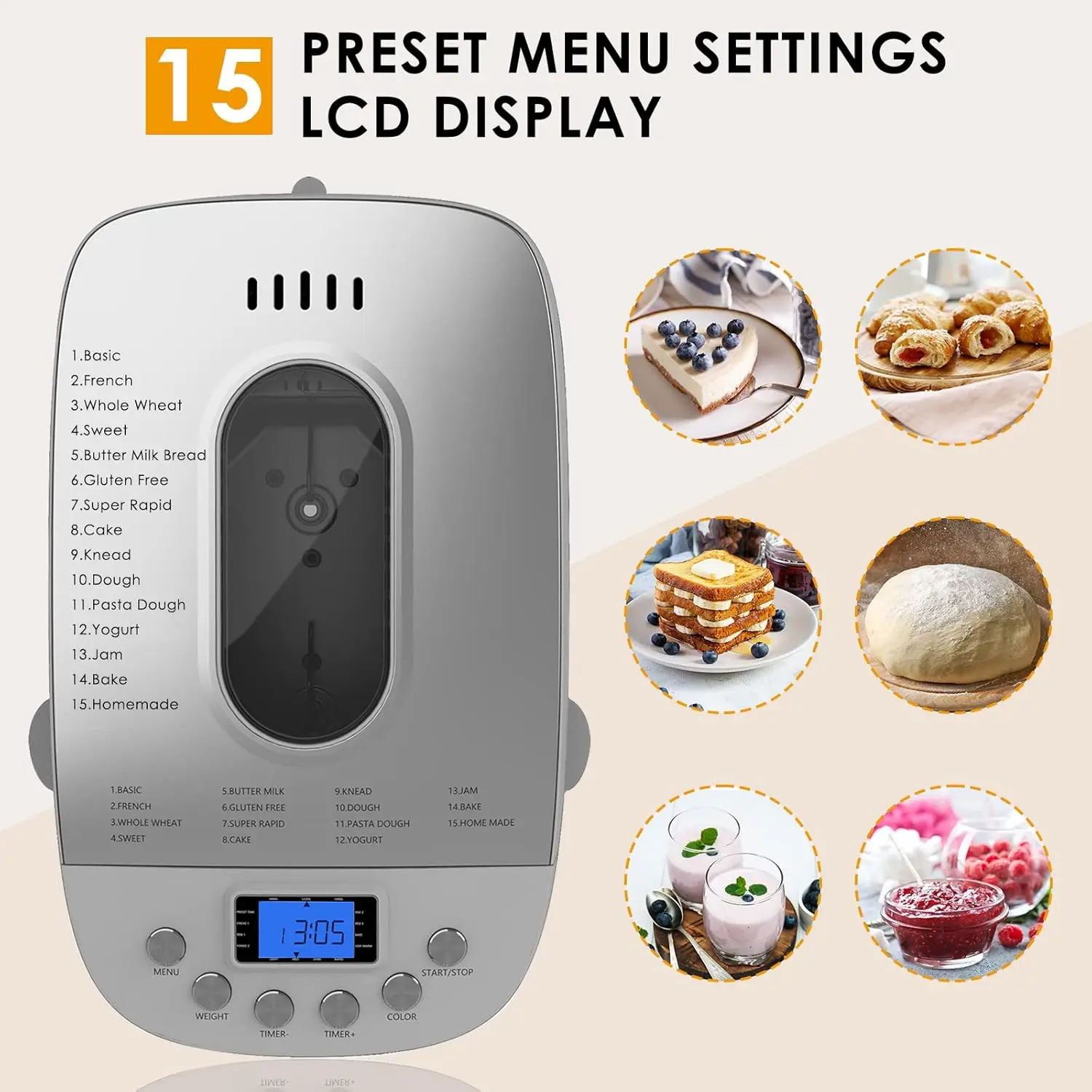 Bread Machine with Dual Kneading Paddles 15-in-1 Breadmaker Dough Maker with Gluten Free Setting, 3 Loaf Sizes 3 Crust